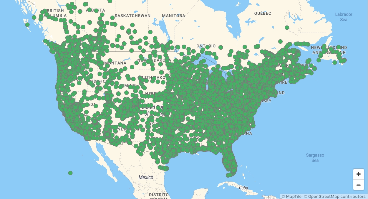 US Map showing thousands of markers, representing charging stations.